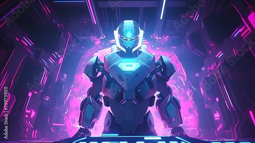 Design a captivating 3D low poly scene featuring a futuristic robot in pastel tones, illuminated by vibrant neon lights for a stunning and dynamic visual impact photo