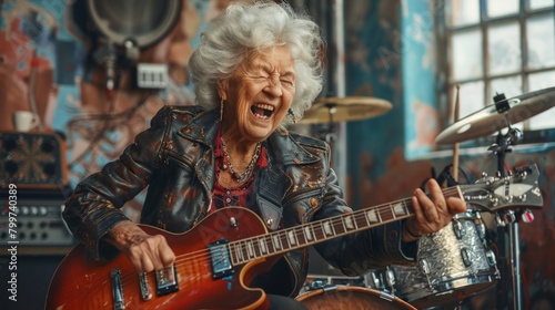 Funny elderly woman rocking multiple instruments, joyful expressions, rock concert scene, AI Generative