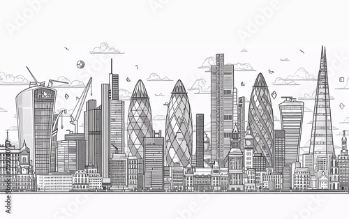 London city linear banner. All buildings - different objects are adjusted to the background content