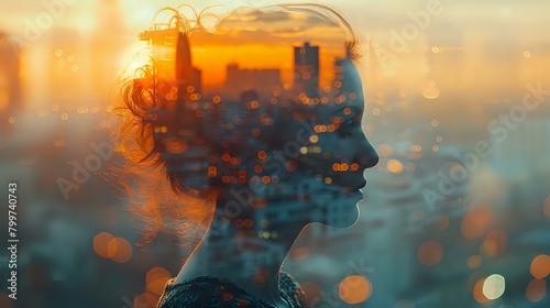 Double Exposure Composition: Woman's Profile in Urban Ambition