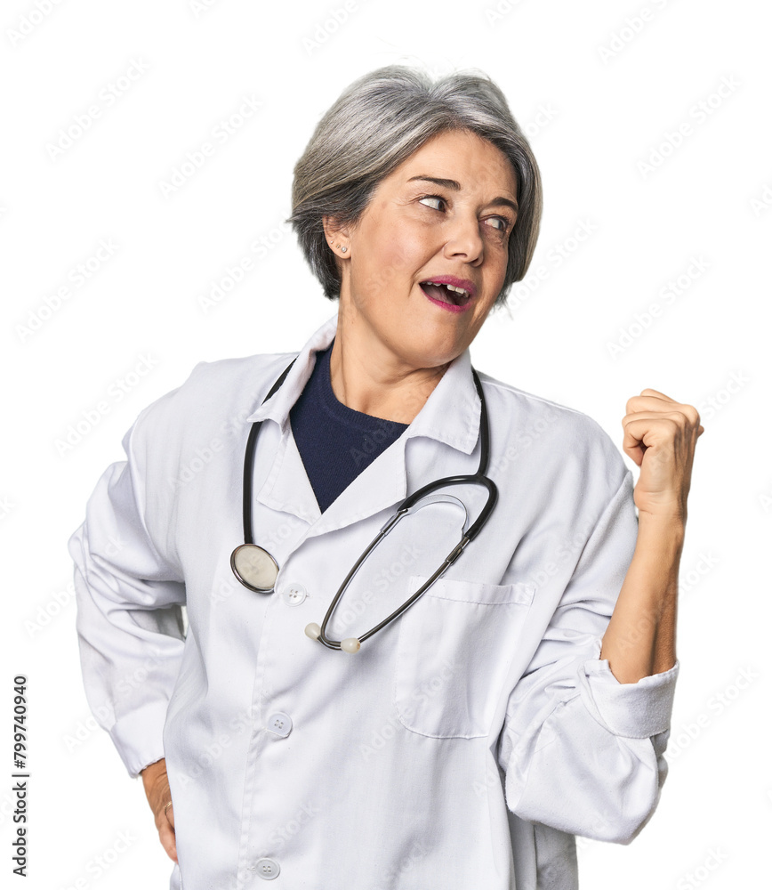Caucasian mid-age female doctor with stethoscope points with thumb finger away, laughing and carefree. Caucasian mid-age female doctor with stethoscope points with thumb finger away, laughing and carefree.