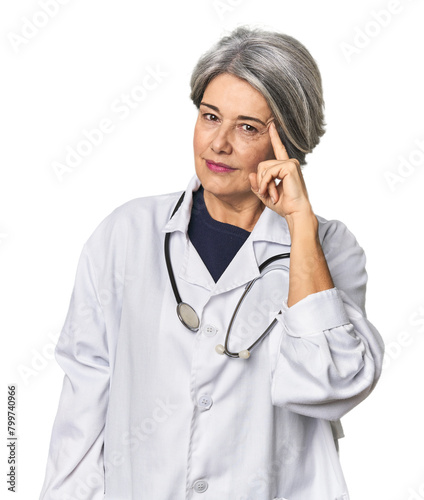 Caucasian mid-age female doctor with stethoscope pointing temple with finger, thinking, focused on a task.