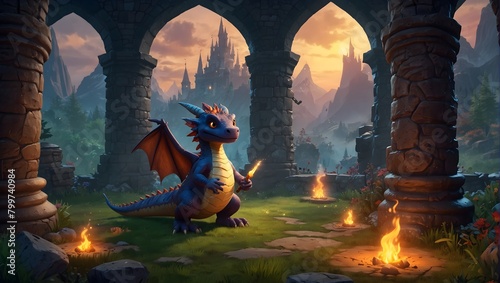 A fantasy cartoon game where players can cast spells and battle dragons in a vibrant, magical kingdom ai_generated photo