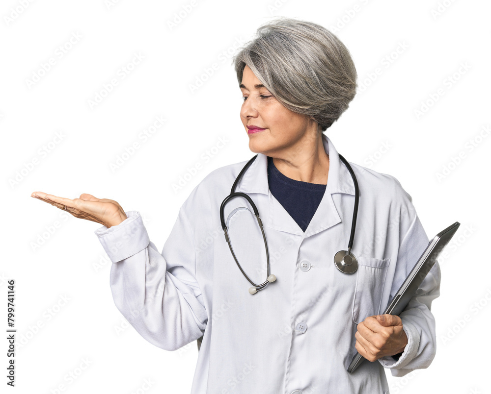 Caucasian mid-age doctor holding laptop showing a copy space on a palm and holding another hand on waist. Caucasian mid-age doctor holding laptop showing a copy space on a palm and holding another hand on waist.
