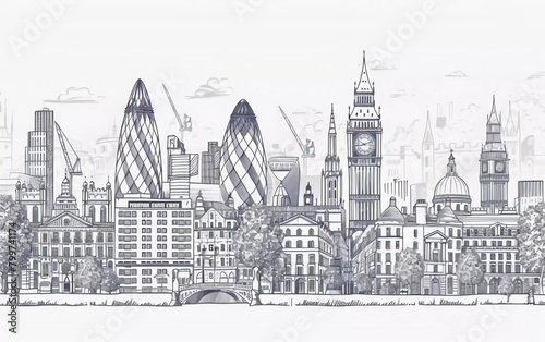 London city linear banner. All buildings - different objects are adjusted to the background content