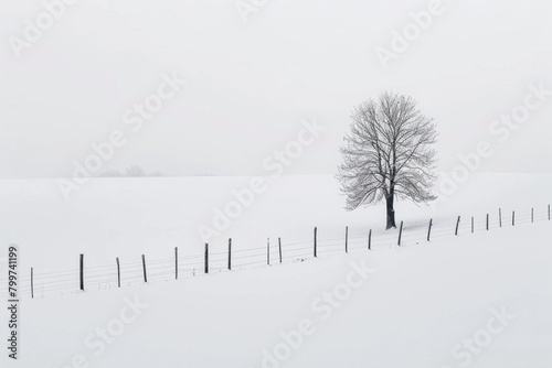 A minimalist winter landscape featuring a vast expanse of snow-covered fields stretching to the horizon, with the uniform blanket of snow interrupted 