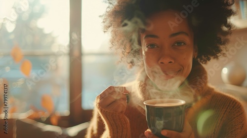 The picture of the person in the cozy indoor building, holding the cup of tea or hot drinks with a warm and comforting smile, the focus is on the soothing expression and steam rising from cup. AIG43.