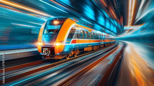 Modern high-speed train, blurring landscape, passenger and cargo concept, futuristic railroad technology, AI Generative