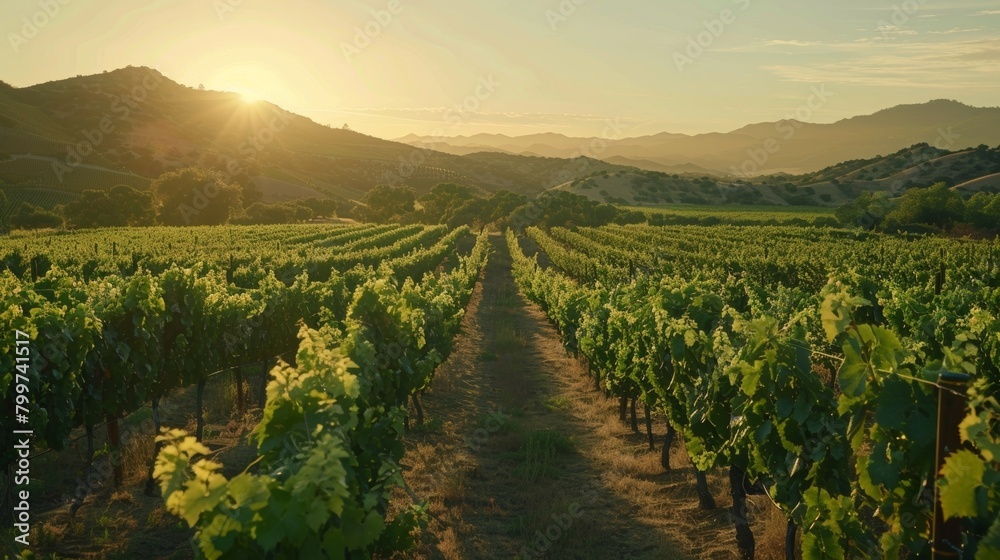 The sun is low on the horizon, casting a warm golden light over rows of grapevines in a vineyard. The sky is streaked with shades of orange and pink as day turns to night.