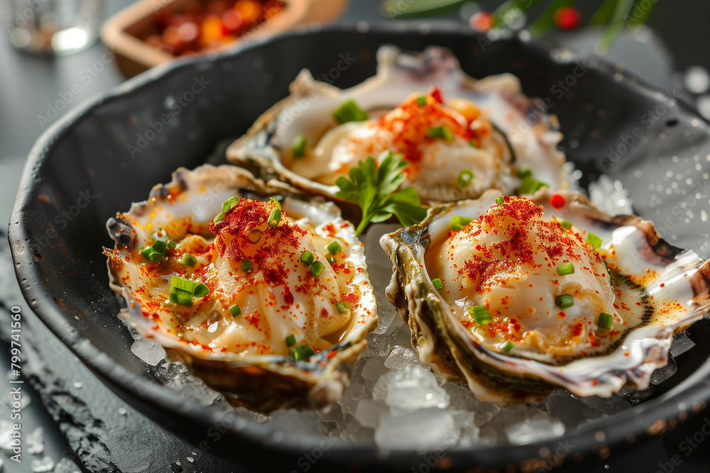 Oysters on Ice: A culinary masterpiece of freshly shucked oysters garnished with finely chopped green onions, bright red paprika and delicate sprigs of parsley Oysters on Ice: A culinary masterpiece of freshly shucked oysters garnished with finely chopped green onions, bright red paprika and delicate sprigs of parsley