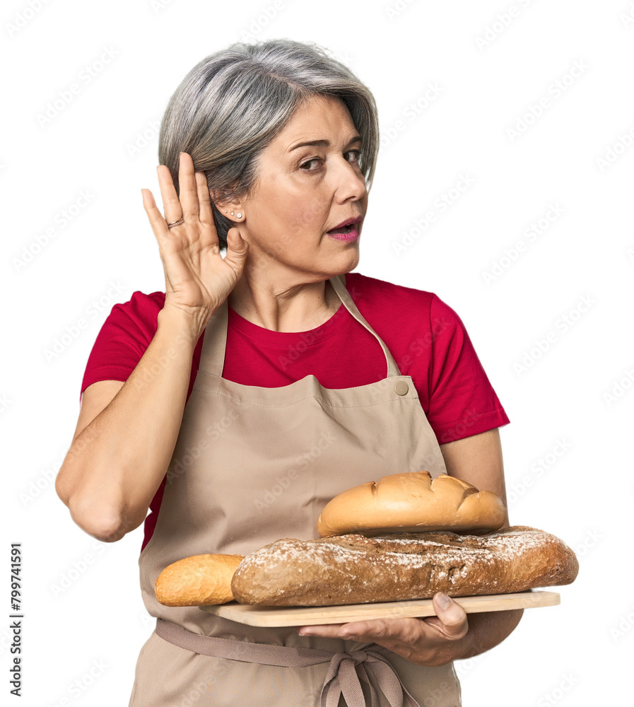 Caucasian mid-age baker with bread loaves trying to listening a gossip. Caucasian mid-age baker with bread loaves trying to listening a gossip.
