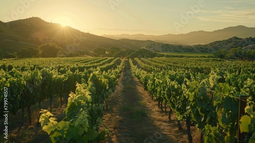 The sun is low on the horizon, casting a warm golden light over rows of grapevines in a vineyard. The sky is streaked with shades of orange and pink as day turns to night.