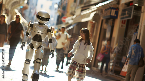 Happy group of children accompanied by a humanoid robot cyborg, their joyful expressions reflecting the excitement of exploring the futuristic cityscape together. photo
