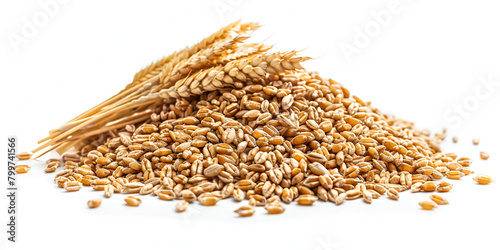 Scattered wheat grains on a white background Wheat spikes focus on spikes
