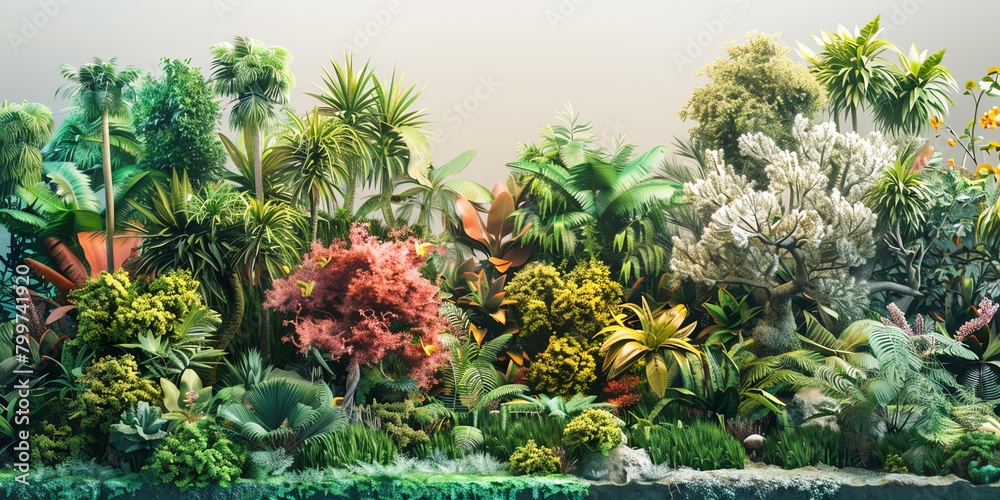 3D green jungle and jungle 3D landscape with jungle and jungle trees with different types of trees and bushes, minimalist