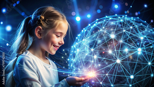 Happy kid girl amazed in cyberspace and virtual reality. Hands touching metaverse digital hud hologram with geometric figures, statistics and indicators. Concept of virtual reality and technology