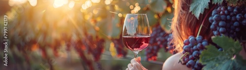 Vineyard wine tasting , Image of a person sipping wine at a vineyard tour, relaxing with panoramic views of grape vines ripening under the summer sun photo