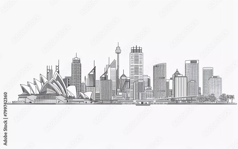Sydney city linear banner. All Sydney buildings - objects adjusted with an opacity mask