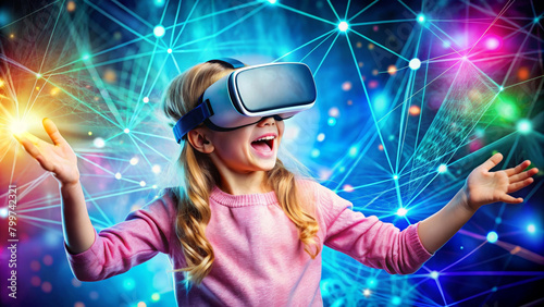 excited Kid girl experiencing VR headset game on Futuristic colorful background. Child using a gaming gadget for Education virtual reality Technology at young age
