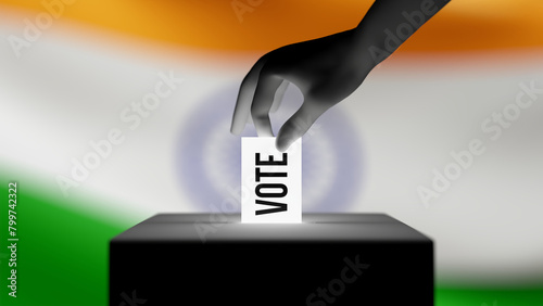 CGI hand casting vote in a ballot box. Indian flag in background. 3d render.