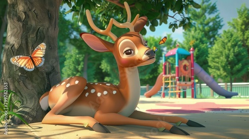 Amidst a picturesque meadow, a deer relaxes under the shade of a towering tree. The gentle breeze rustles the leaves as butterflies flutter around the deer