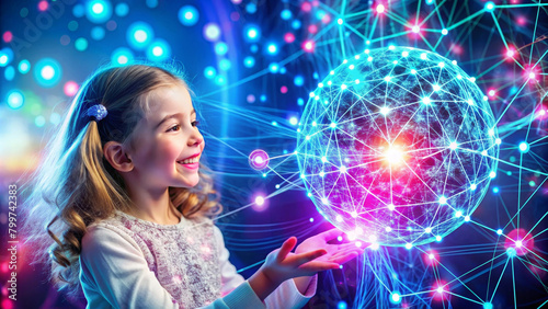 Happy kid girl amazed in cyberspace and virtual reality. Hands touching metaverse digital hud hologram with geometric figures, statistics and indicators. Concept of virtual reality and technology