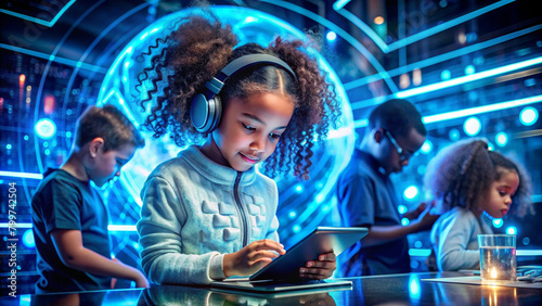 Kid girl experiencing cyberspace and virtual reality on in Futuristic colorful background. Child using a gaming gadget for Education virtual reality Technology at young age