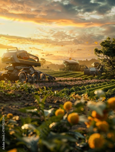 Sunrise over a futuristic farm with robotic harvesters, showcasing the harmony of nature and technolog, AI Generative