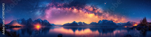 landscape with milky way in night starry sky against magic bright background of mountains and waters