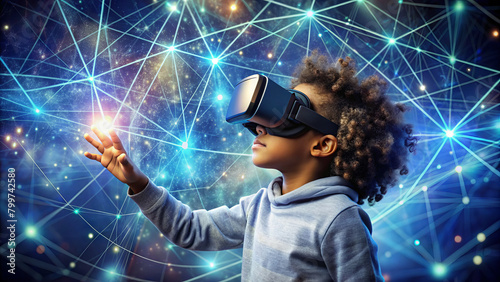 Kid boy experiencing VR headset game on Futuristic colorful background. Child using a gaming gadget for Education virtual reality Technology at young age