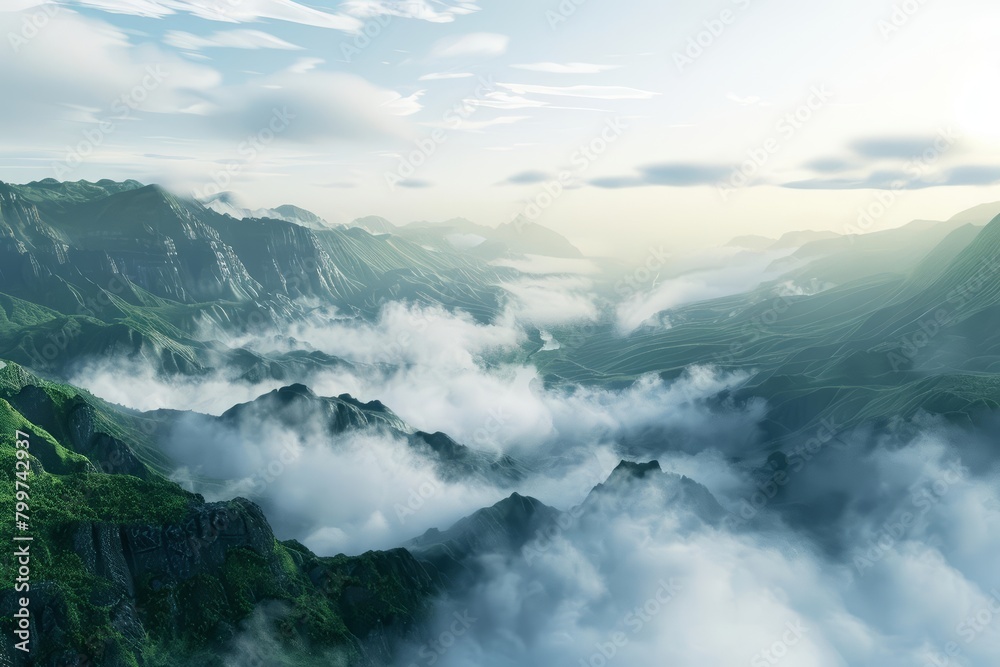 A 3D render of a misty mountain landscape, where clouds weave through the valleys at dawn, Sharpen Landscape background