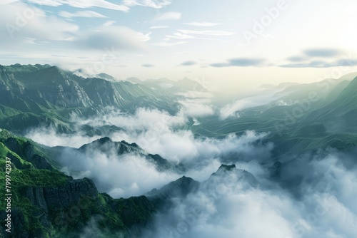 A 3D render of a misty mountain landscape, where clouds weave through the valleys at dawn, Sharpen Landscape background © Sweettymojidesign