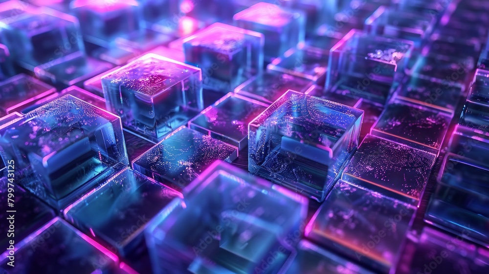 Fototapeta premium Vibrant, uneven grid blocks, shimmering under neon blue and purple lights, abstract cyberspace terrain, futuristic tech ambiance, AI Generative