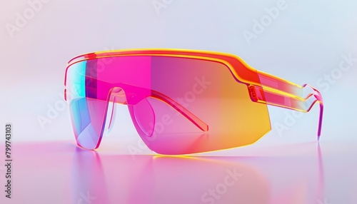 A 3D render of minimal summer sunglasses with a sleek, hitech design, enhancing the vibrant neon colors, Sharpen isolated on white background