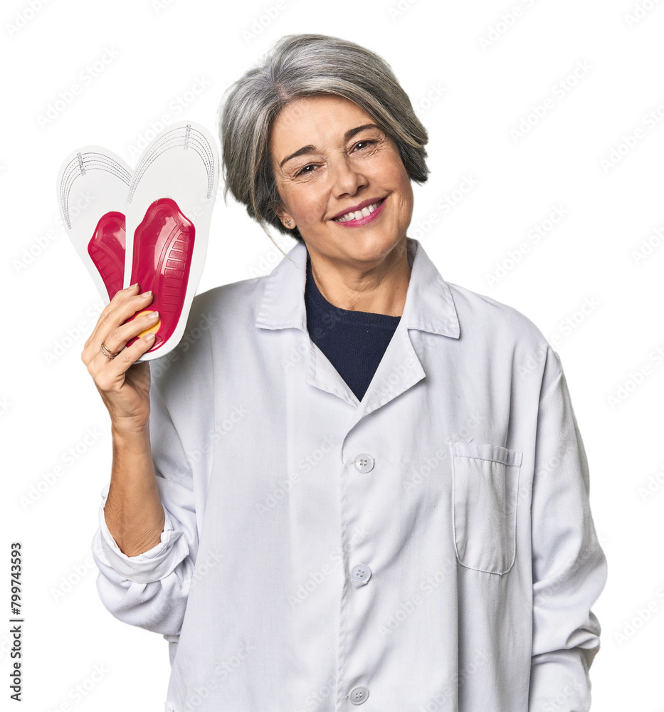 Middle-aged caucasian female podiatrist holding insole Middle-aged caucasian female podiatrist holding insole
