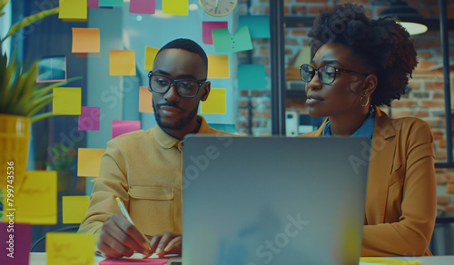 A black female business manager assists a young male adult executive working on a laptop in a modern office. A diverse team of creative workers uses technology for project planning and marketing strat photo