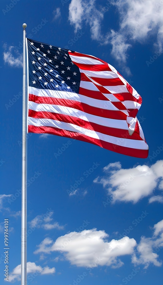 Majestic American Flag Waving in the Breeze Against Cloudy Sky