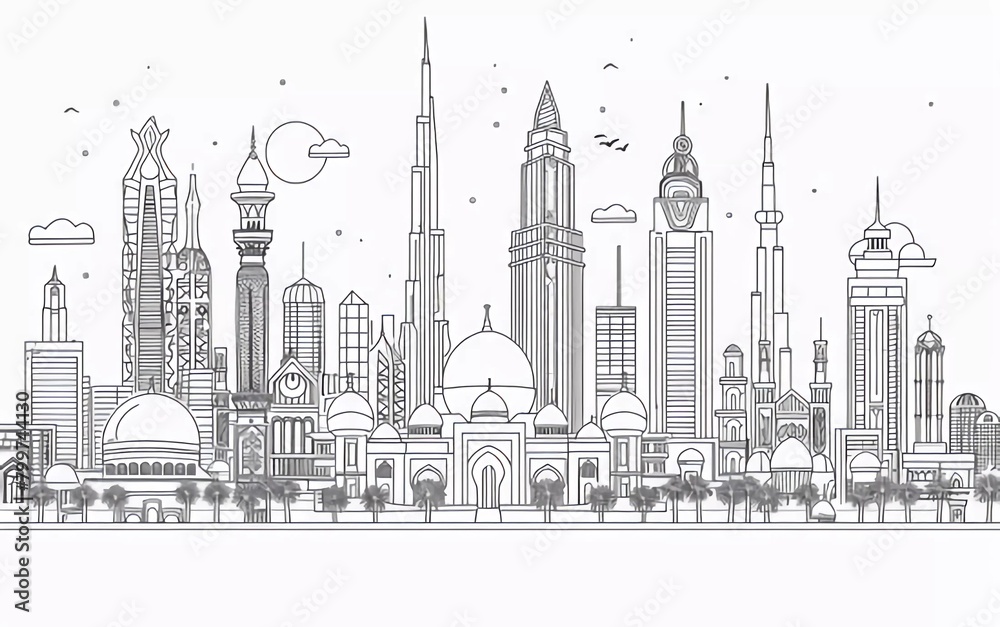 Abu Dhabi city linear banner. All buildings - customize different objects with background fill