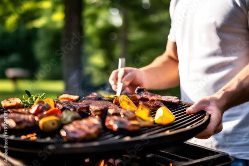 A man grilling meat on a BBQ