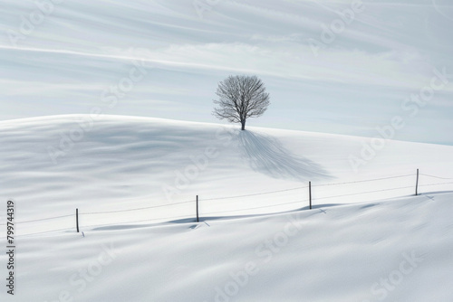 A minimalist winter landscape featuring a vast expanse of snow-covered fields stretching to the horizon, with the uniform blanket of snow interrupted 