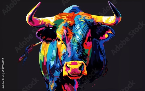 bull drawn using WPAP art style, isolated black background, pop art, vector illustration.