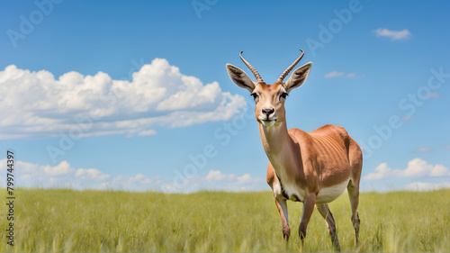 Low angle view of antelope in Grass field  © VISHNU