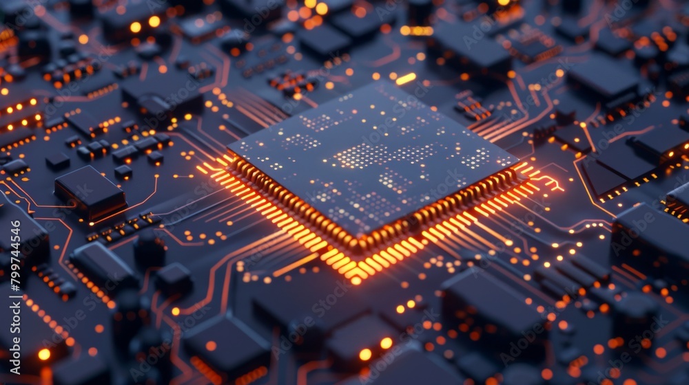 3D Rendering of digital binary data on microchip with glow circuit board background. 3D Rendering of digital binary data on microchip with glow circuit board background.