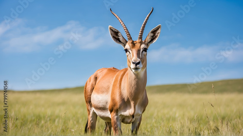 Low angle view of antelope in Grass field against blue sky 