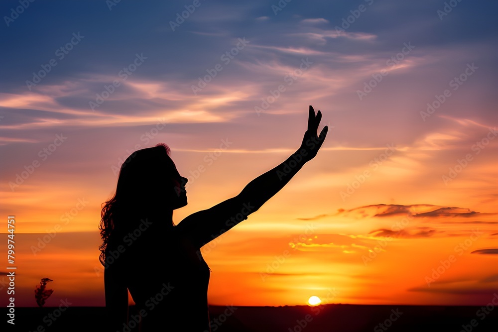 Silhouette of a woman reaching up to the sky, symbolizing hope and aspiration.