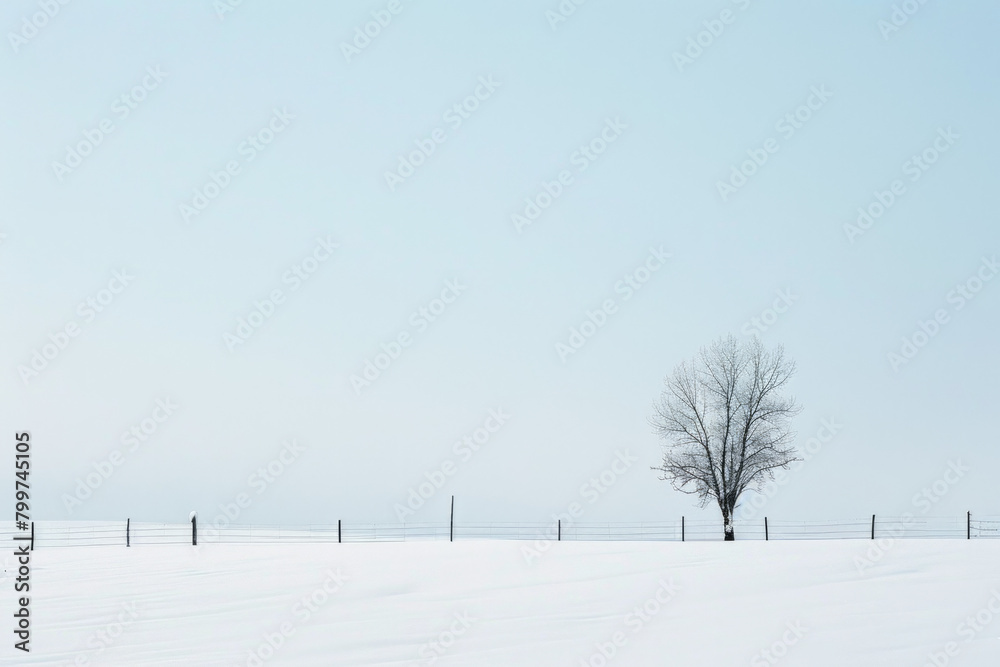 A minimalist winter landscape featuring a vast expanse of snow-covered fields stretching to the horizon, with the uniform blanket of snow interrupted A minimalist winter landscape featuring a vast expanse of snow-covered fields stretching to the horizon, with the uniform blanket of snow interrupted