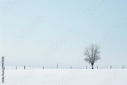 A minimalist winter landscape featuring a vast expanse of snow-covered fields stretching to the horizon, with the uniform blanket of snow interrupted 