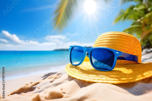  A sunny beach scene with sunglasses, hat, and palm trees, representing the summer vacation  © Raiba