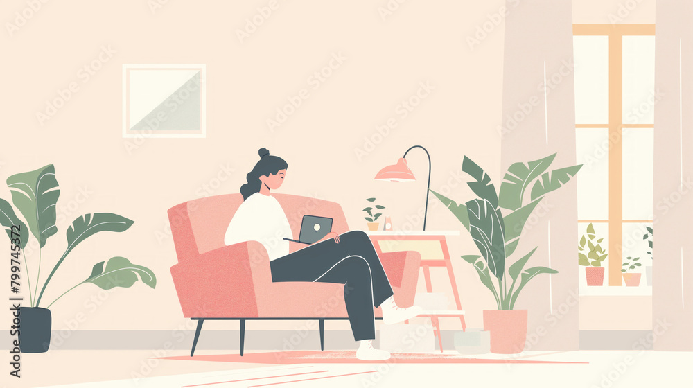 Depiction of a comfortable at-home work scenario with a woman using a laptop in a cozy armchair