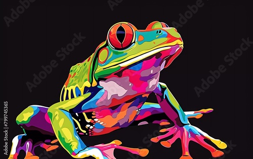 frog drawn using WPAP art style, isolated black background, pop art, vector illustration.
